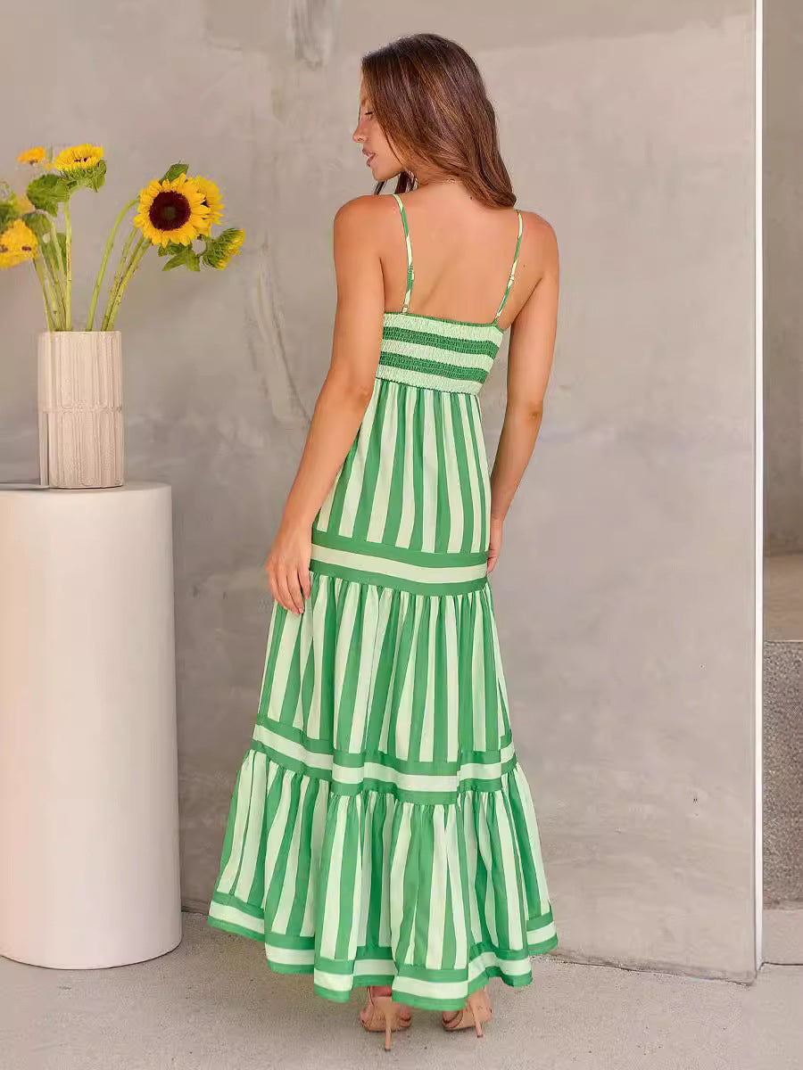 Women's Summer Casual Stripe Printed Backless Strap Maxi Dress