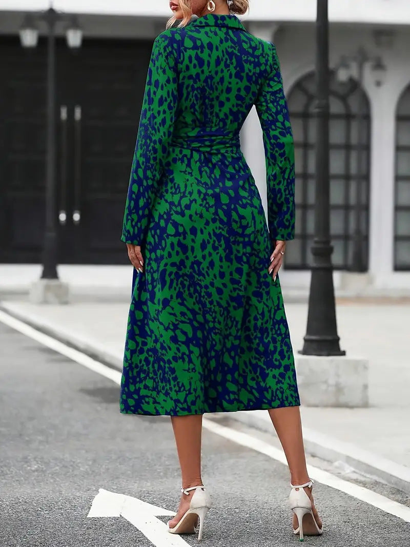 Women's Casual Printed Button Lapel Long Sleeve A-Line Dress