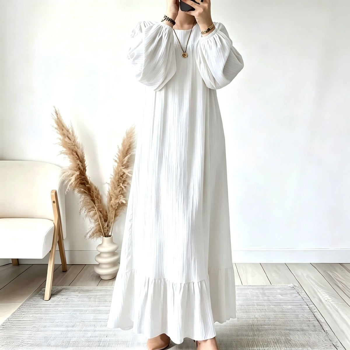 Women's Spring and Solid Color Round Neck Long Sleeve Long Ruffled Hem Dress