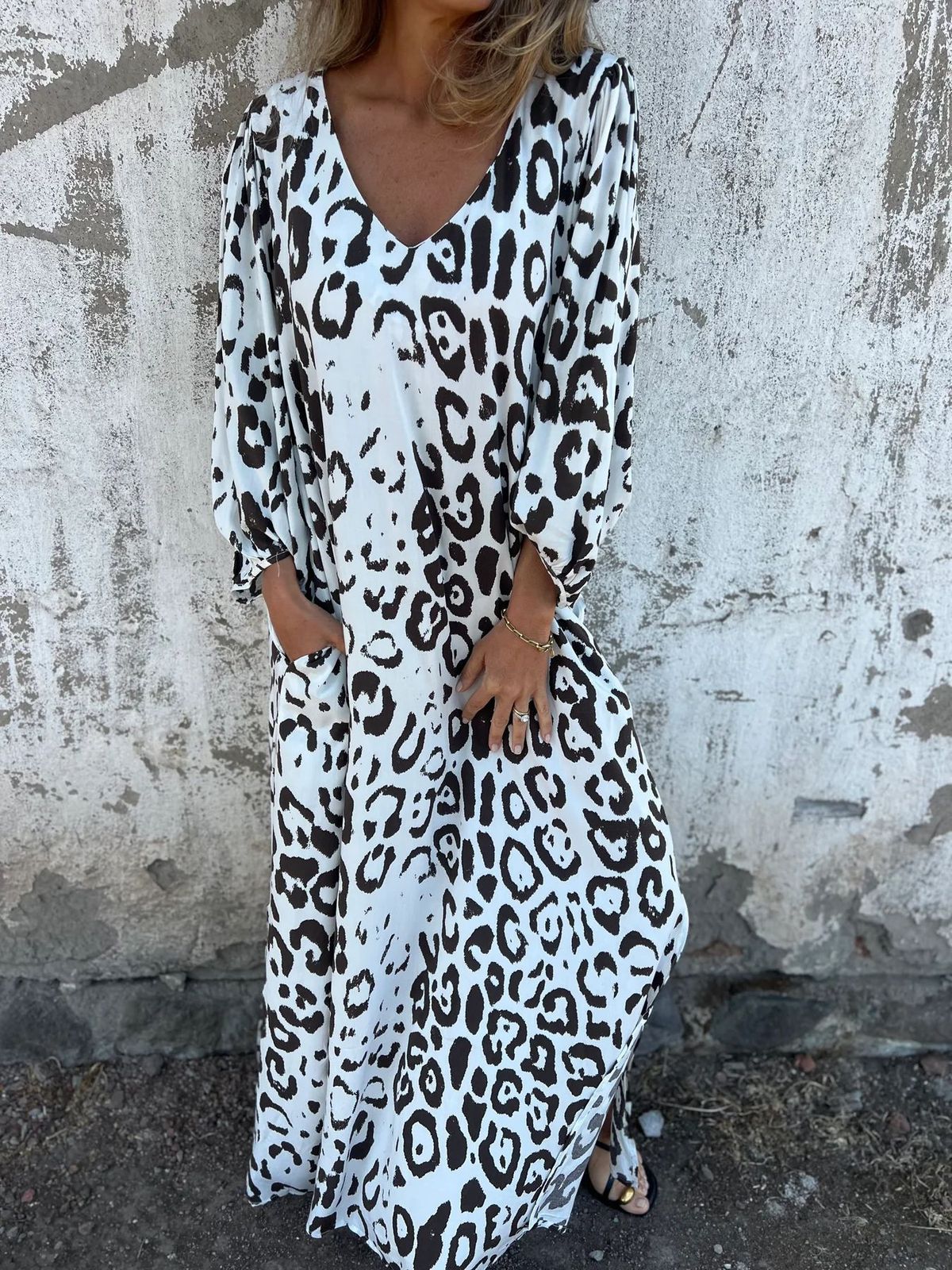 Women's Casual Leopard Printed V-Neck Long Sleeve Loose Maxi Dress