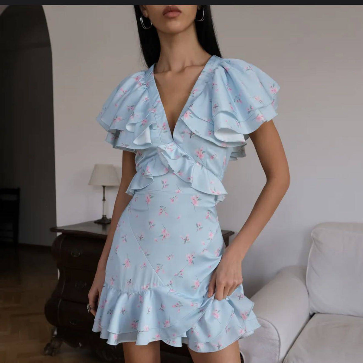 Women's Summer Tiny Flower Print Ruffled V-Neck Mini Floral Dress