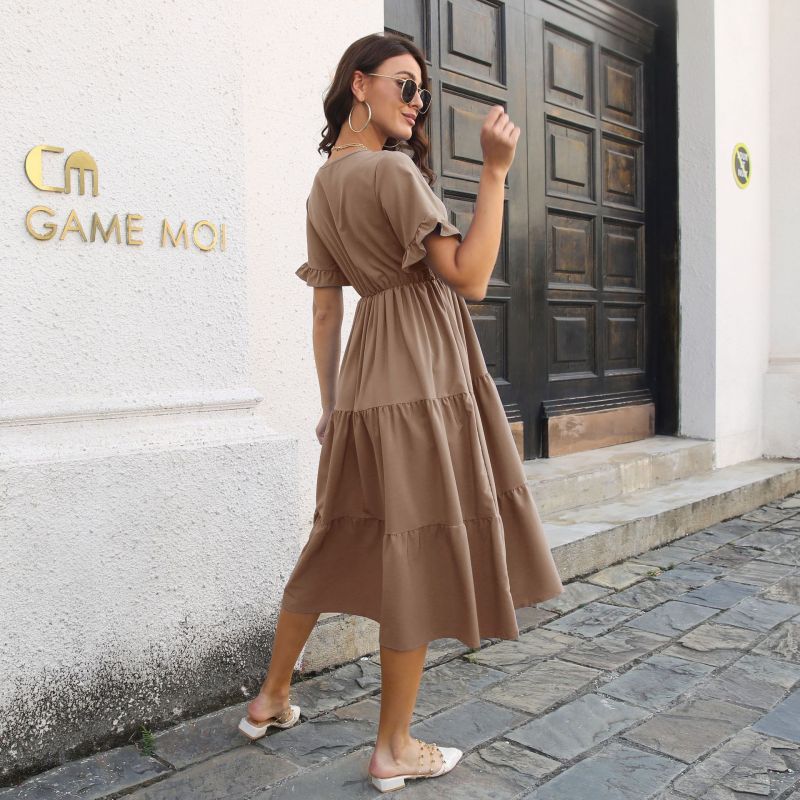 Women's Casual Chiffon V-Neck High Waist Midi Dress