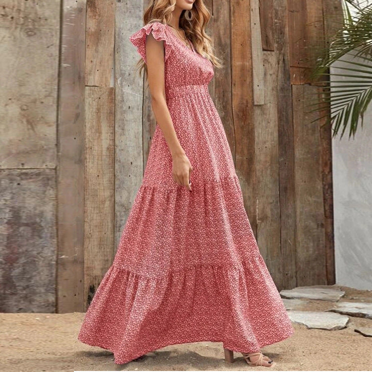Women's Casual Boho Vacation Printed V-Neck Short Sleeve Loose Dress