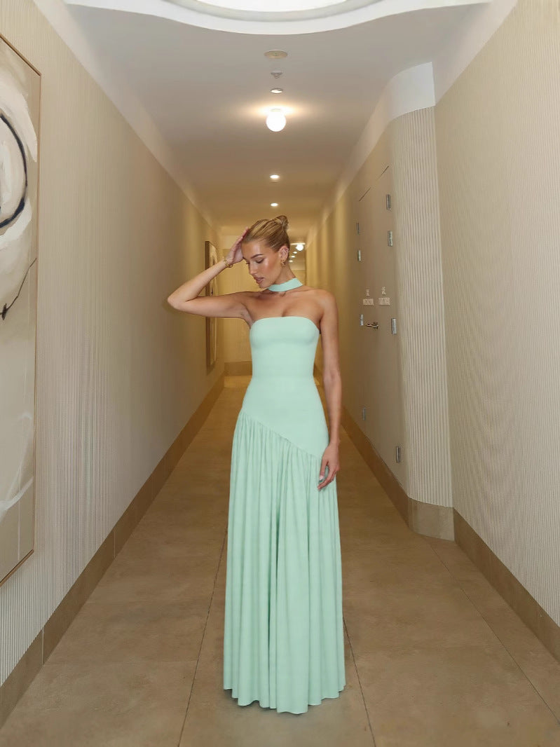 Women's Elegant Sexy Solid Color Tube Top Long Strap Split Backless Maxi Dress