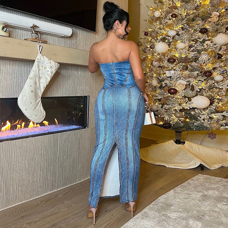Women's Summer Strapless Denim Pattern Printed Split Maxi Dress