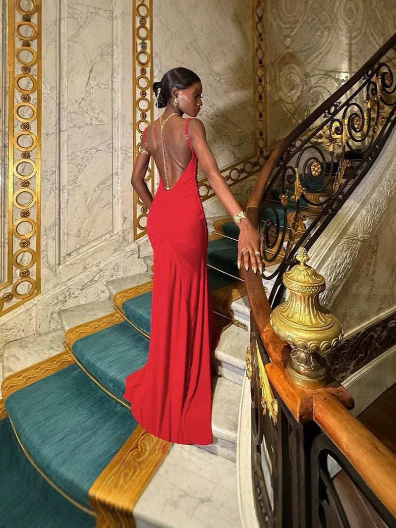Women's Sexy Elegant Solid Color Spaghetti Strap Backless Slim-Fit Long Dress