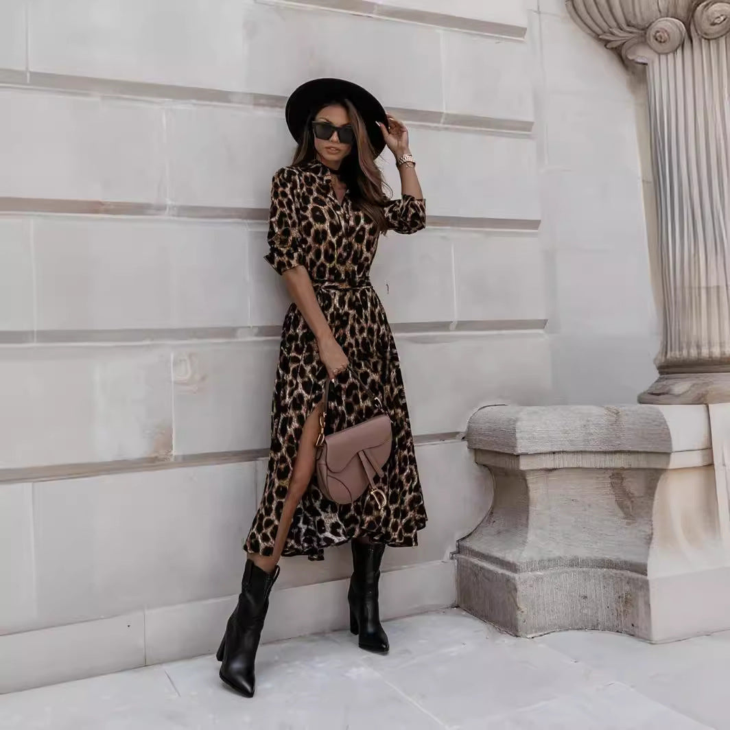 Women's Autumn Winter Long Sleeve Leopard Print Casual Midi Dress