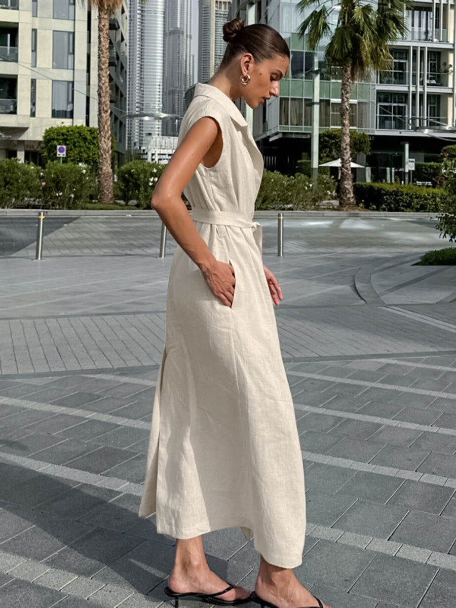 Women's Summer Solid Color Cotton and Linen Lapel Sleeveless Lace-Up Dress