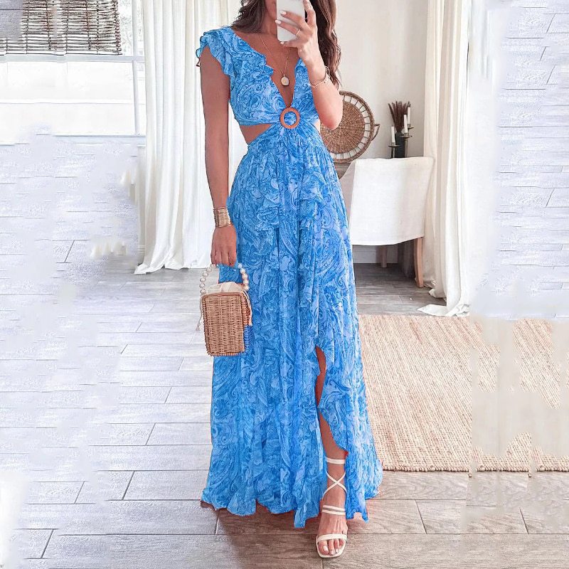 Women's Casual Summer Printed V-Neck Ruffled Split Dress