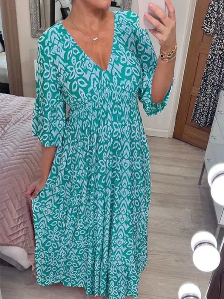 Women's Casual V-Neck Tiny Flower Print Maxi Dress