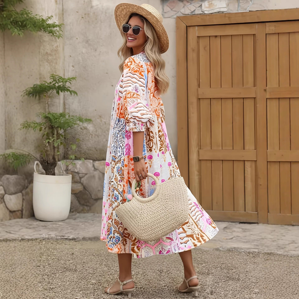 Women's Casual Boho Vcacation Printed V-Neck Short Sleeve Loose Dress