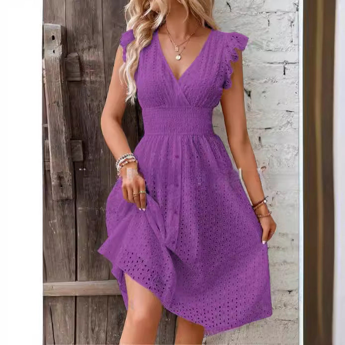 Women's Summer Casual Solid Color Ruffled V-Neck Dress