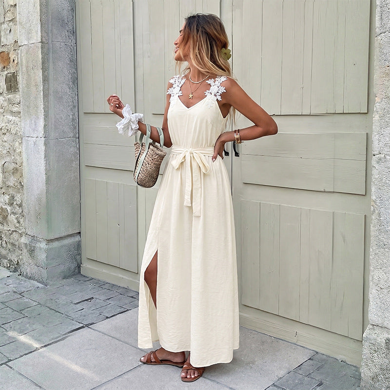 Women's Vacation Flower Shoulder Strap Lace-Up Waist Split Dress