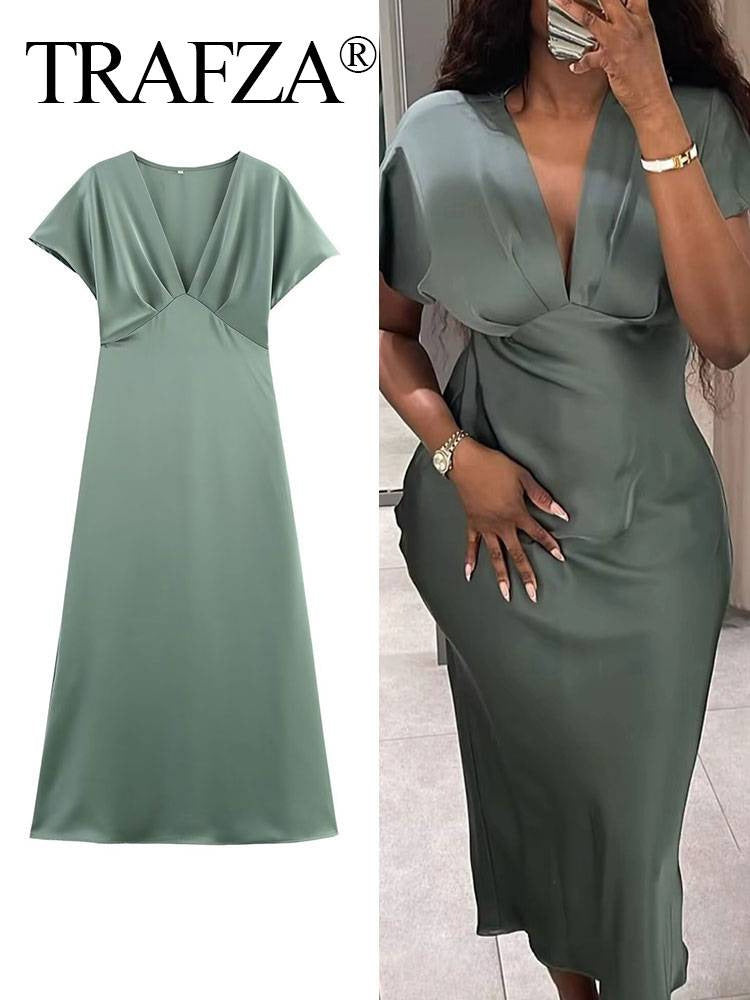 Women's Spring and Summer Solid Color Silk Satin V-Neck Short Sleeve Dress
