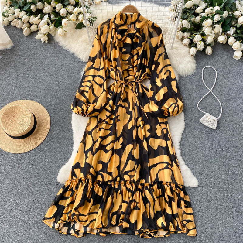 Vintage Floral Paisley Leaf Leopard Printed Bohemian Women Ruffled Pleated Dress