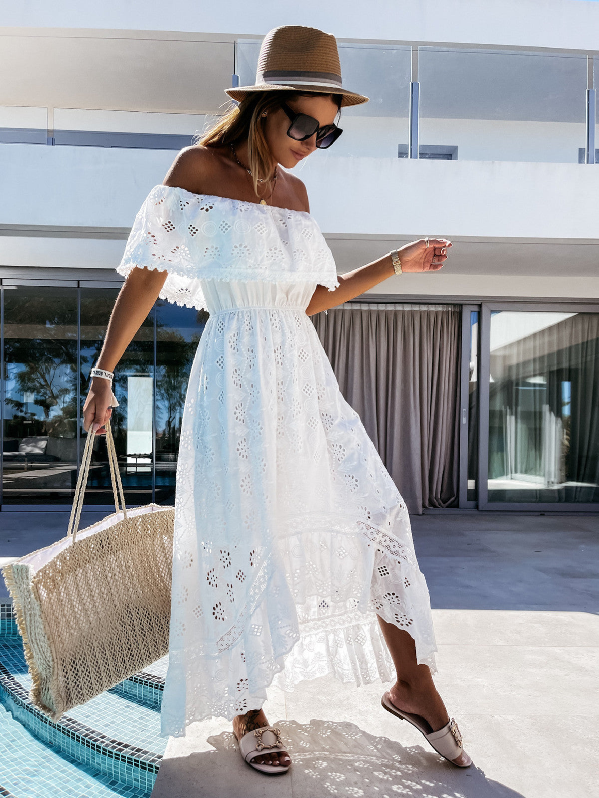 Women's Boho Vacation Solid Color Lace Off-Shoulder Loose Dress