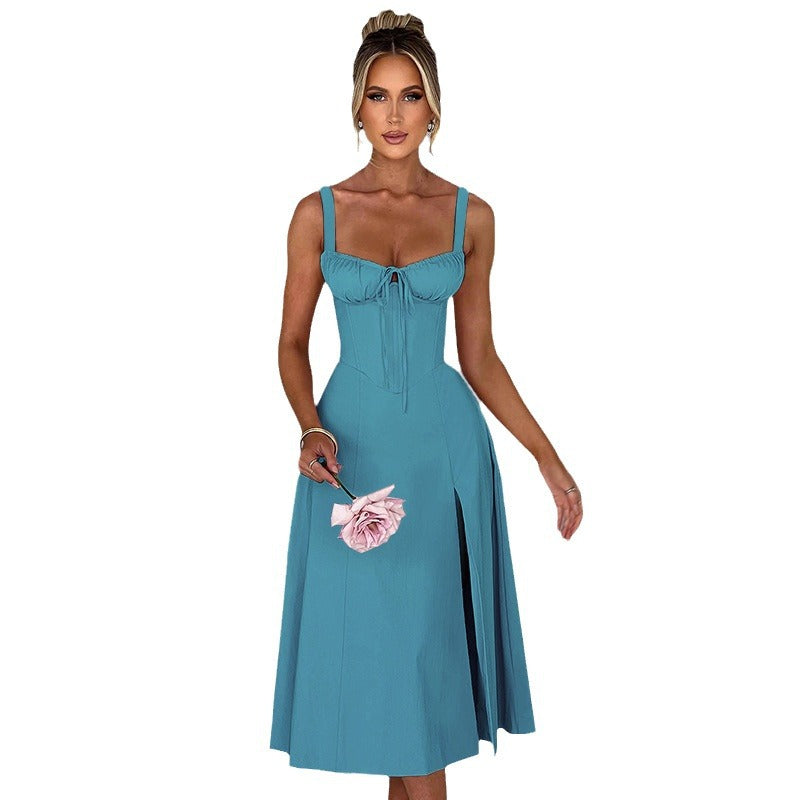 Women's Spring and Summer Solid Color Side Split Midi A-Line Dress
