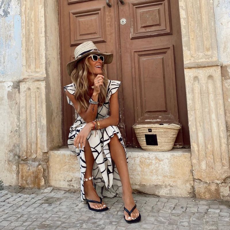 Women's Vacation Casual Geometric Print V-Neck Ruffled Maxi Dress