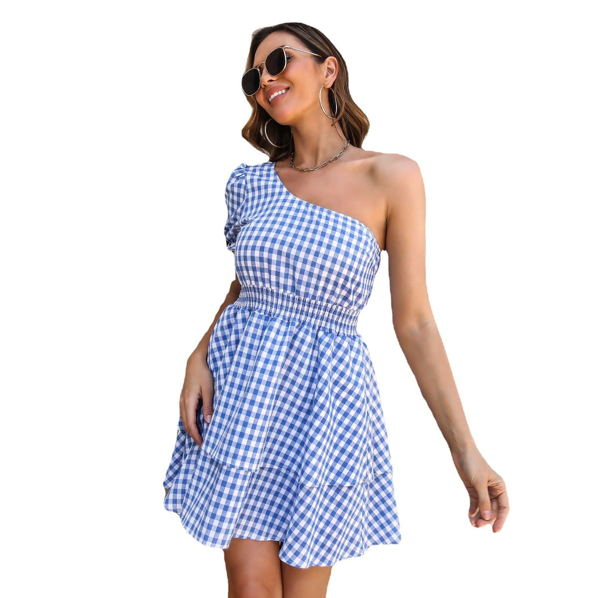 Women's Plaid Oblique Single Shoulder Puff Sleeve Multi-Layer A-Line Dress