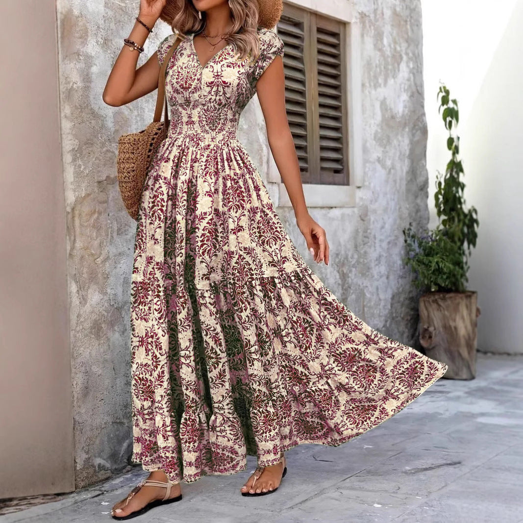 Women's Vacation Casual Boho Printed V-Neck Short Sleeve Loose Dress