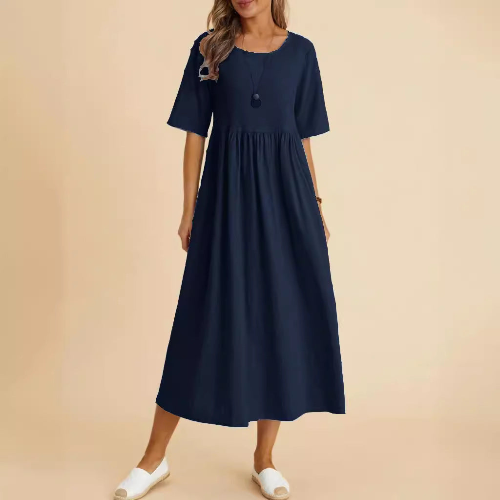 Women's Casual Solid Color Cotton Linen Round Neck Half Sleeve Loose Dress