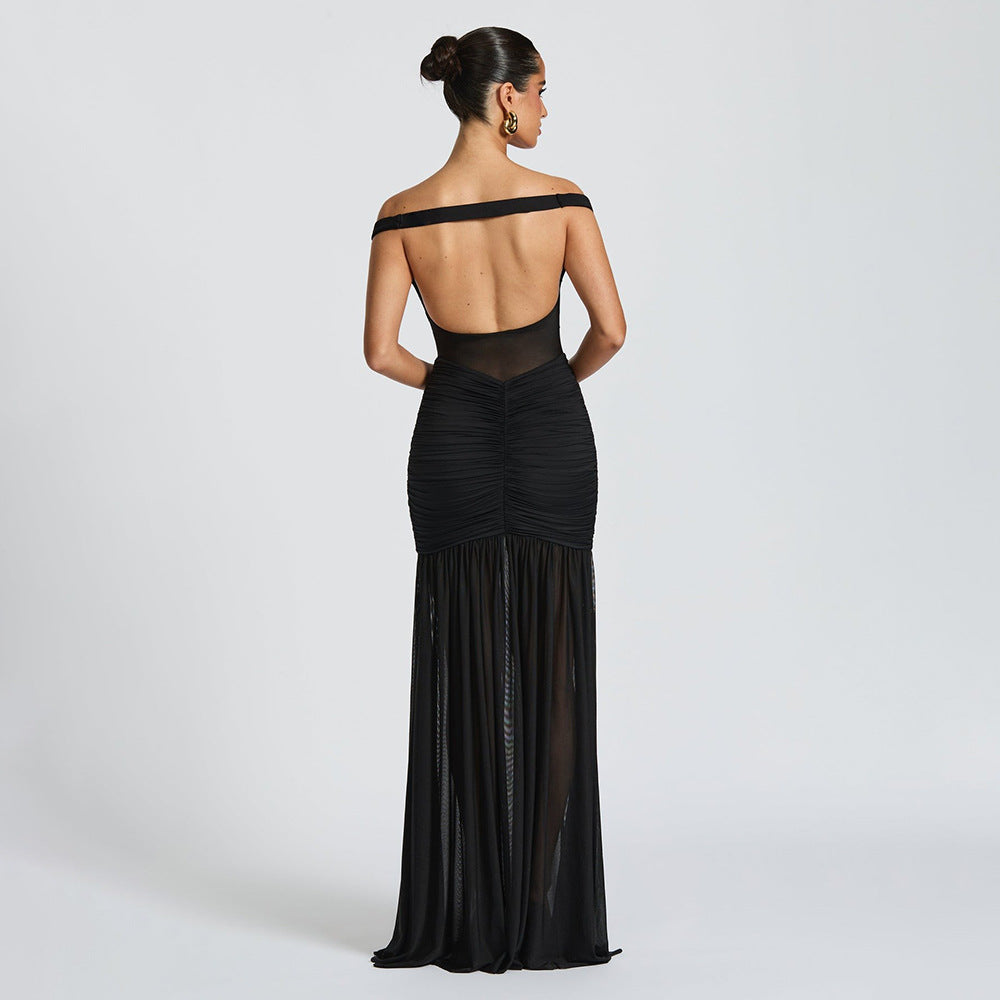 Women's Sexy Mesh Off-Shoulder Backless Long Dress, with V-Neck