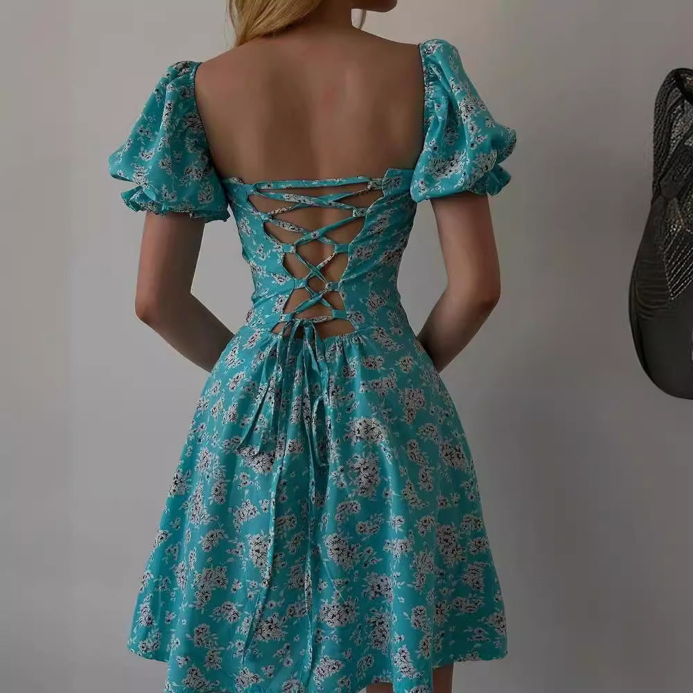 Women's Summer Casual Tiny Flower Print Backless Strap Short Sleeve Midi Dress