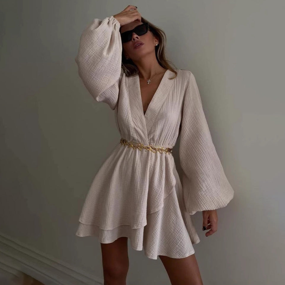 Women's Casual Solid Color V-Neck Long Sleeve Waist Loose A-Line Dress