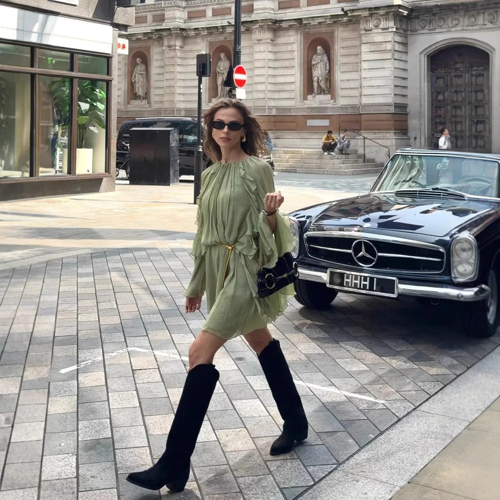 Women's Summer Beach Vacation Solid Color Long Sleeve Ruffled Mini Dress