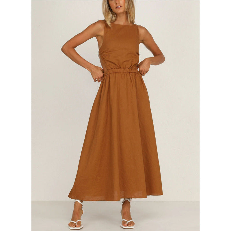 Women's Solid Color Cut Out Backless Sleeveless Midi Dress