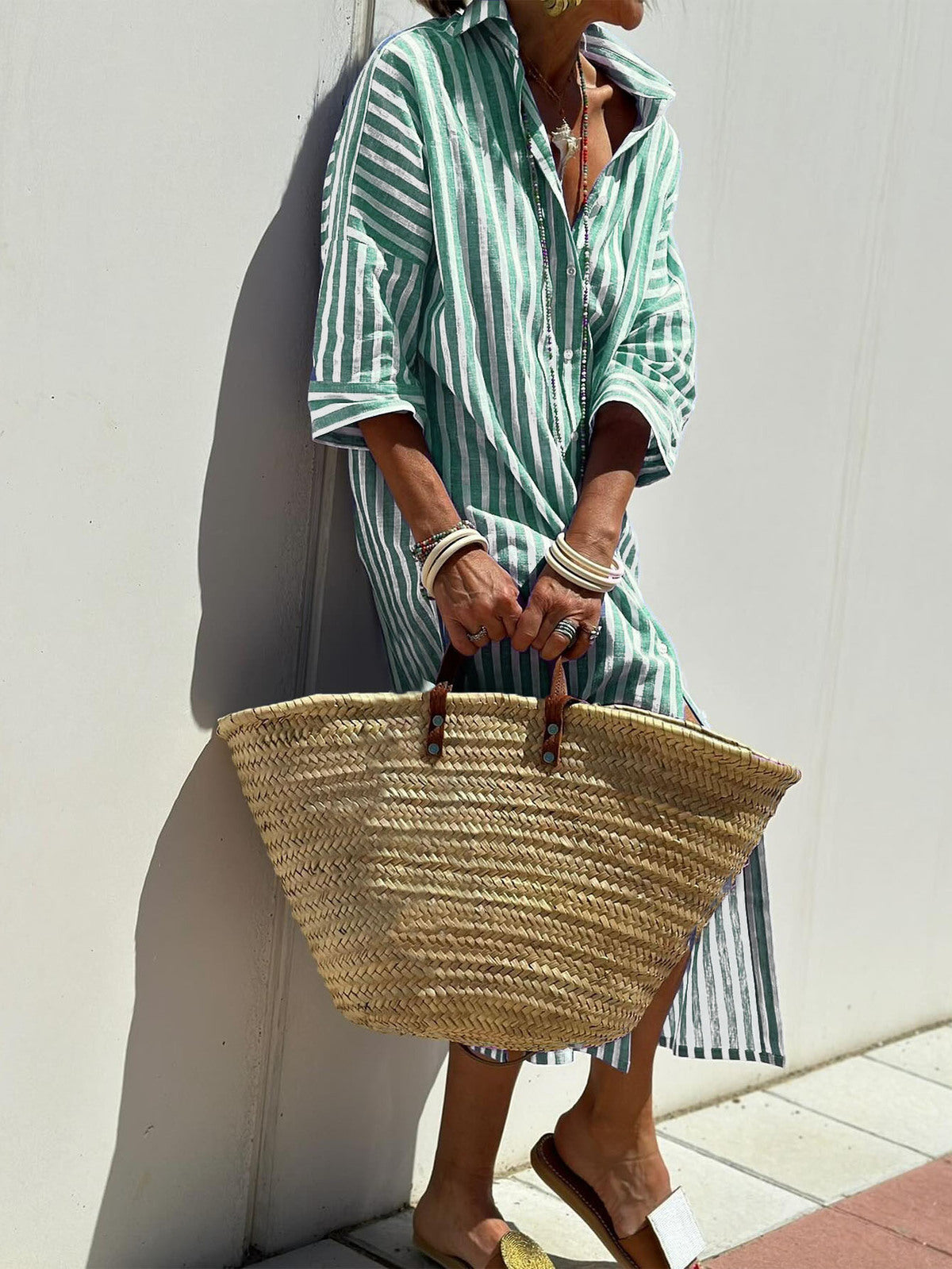 Women's Casual Lapel Stripe Shirt Split Midi Dress