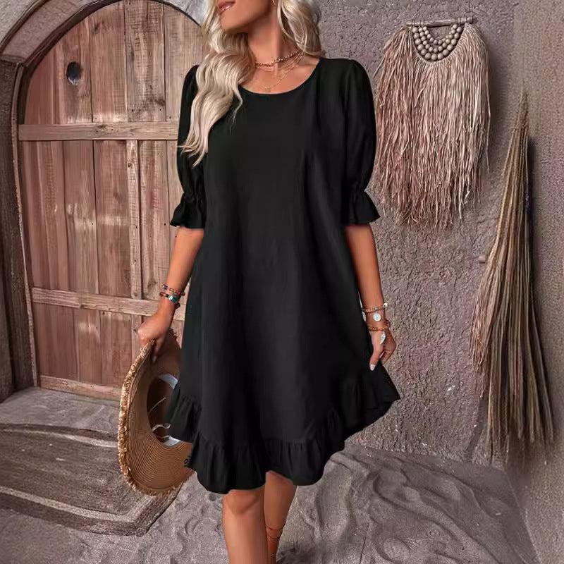 Women's Summer Casual Solid Color Round Neck Loose Large Swing Dress