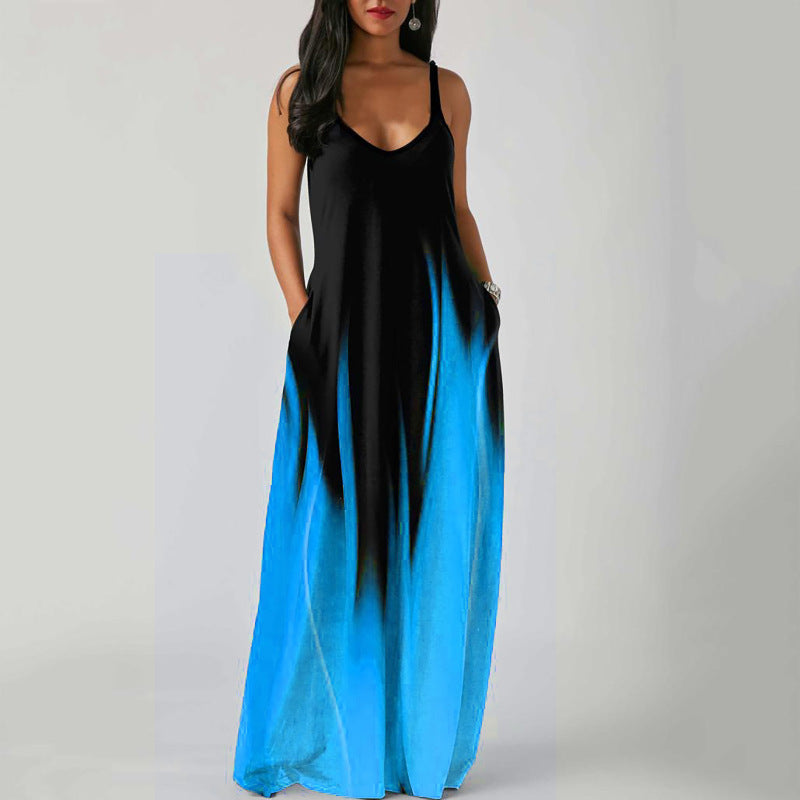 Women's Summer Plus Size Gradient Color Print Deep V-Neck Sleeveless Loose Dress