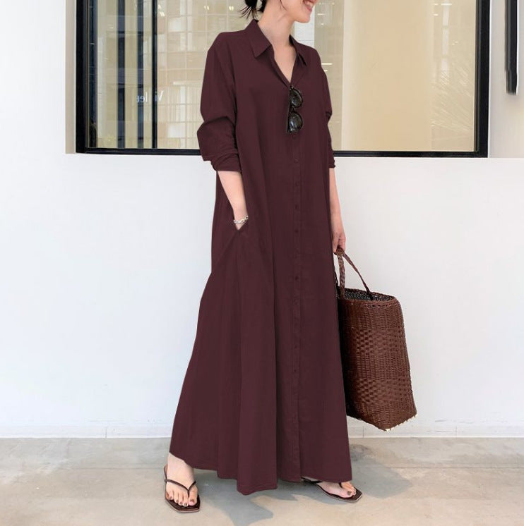Women's Casual Solid Color Loose Long Sleeve Lapel Shirt Maxi Dress