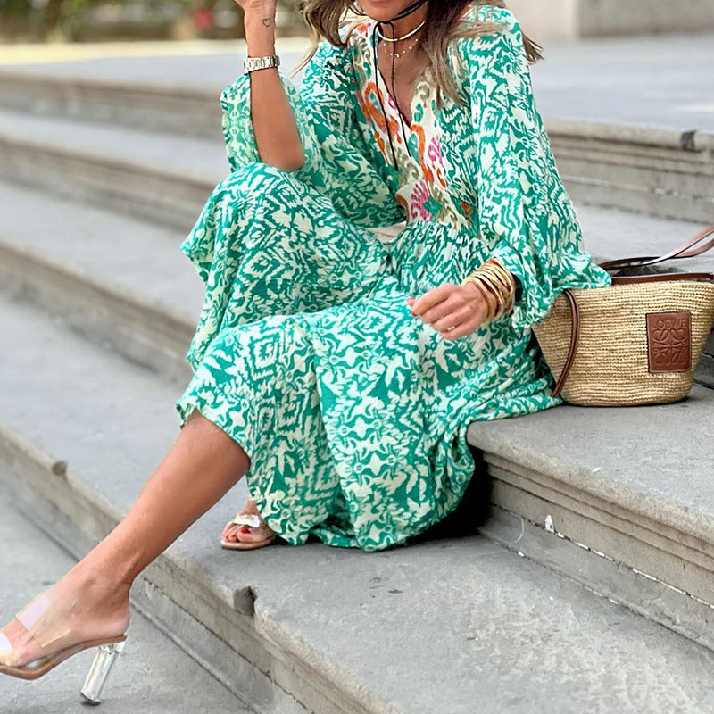 Women's Casual Print Long Sleeve Maxi Dress