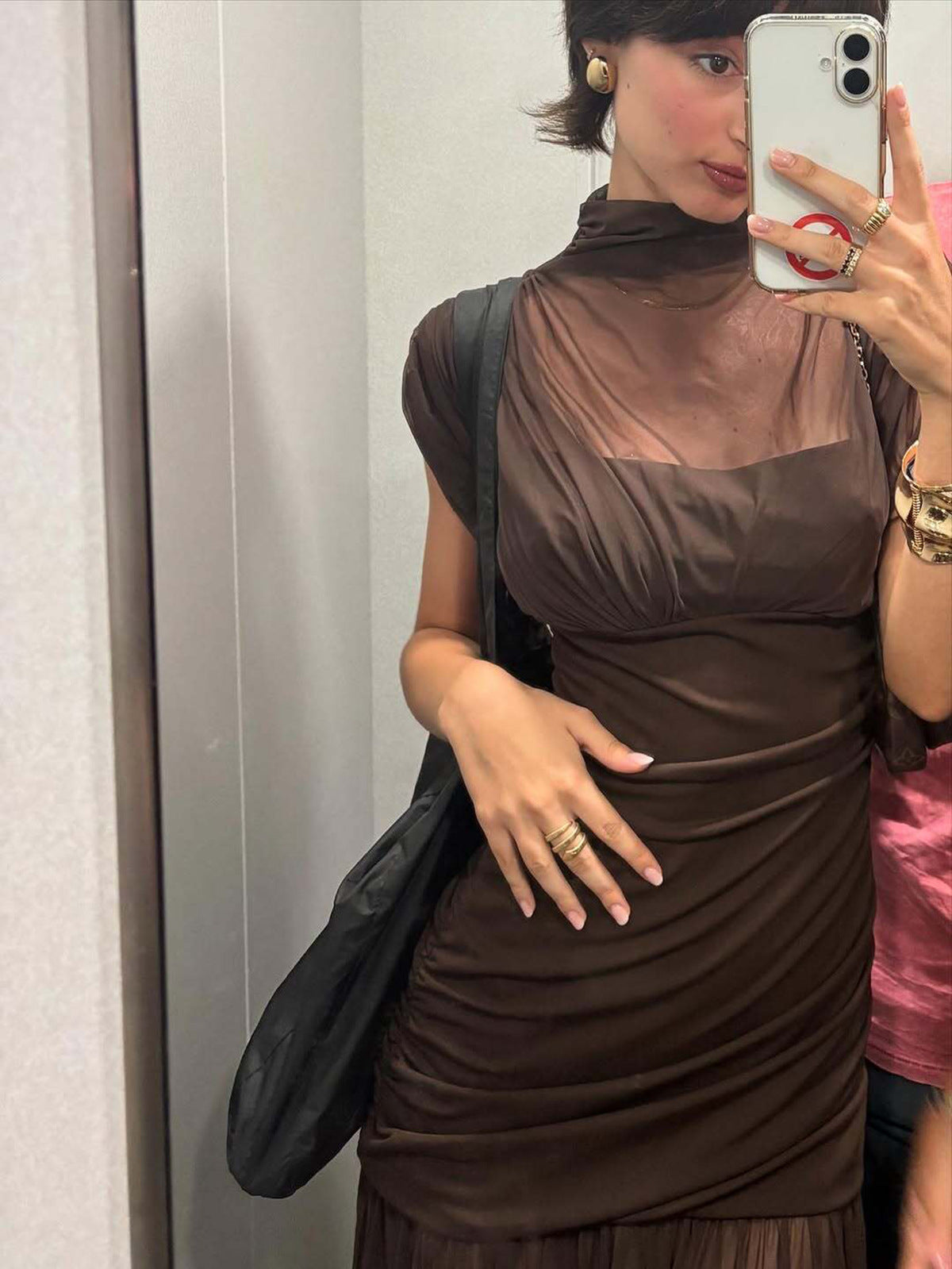 Women's Solid Color Stitching Mesh Perspective Short Sleeve Tight Dress