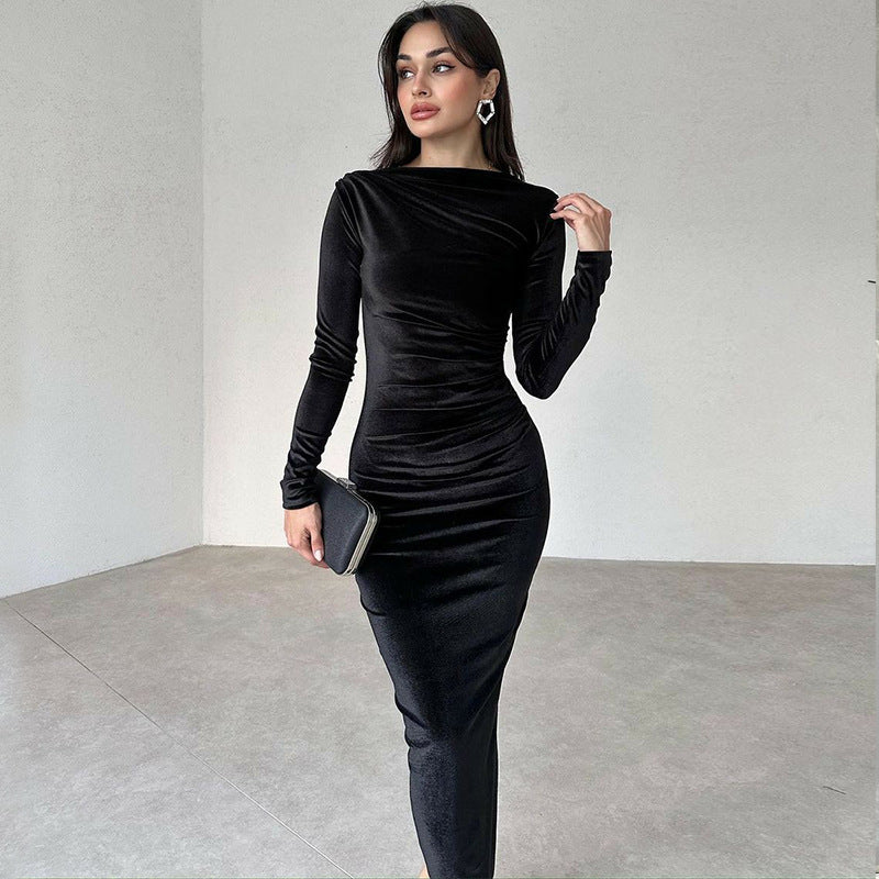 Women's Solid Color Pleated Long Sleeve Bodycon Midi Dress