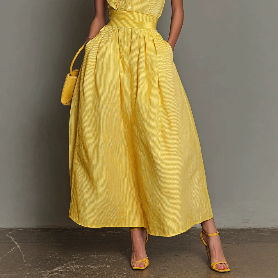 Women's Casual Stripe Lapel Sleeveless Maxi Dress