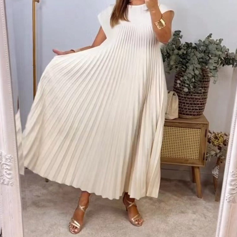 Women's Casual Elegant Round Neck Sleeveless Pleated Maxi Dress