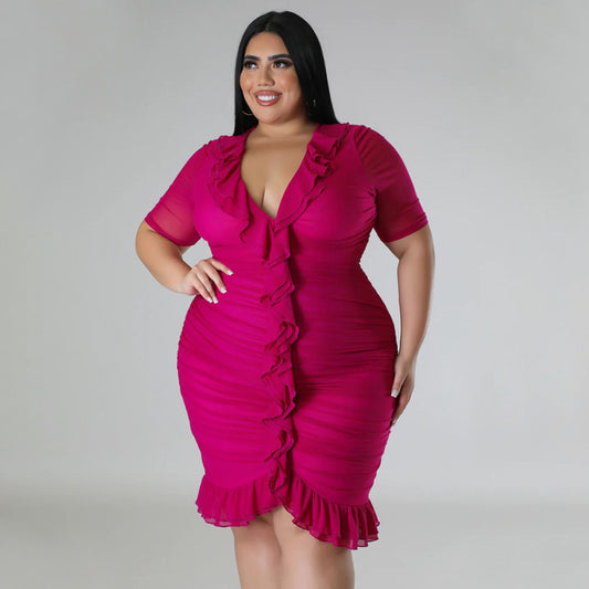 Women's V-Neck Short Sleeve Solid Color Creased Ruffled Dress-Fresh, Sweet Girly
