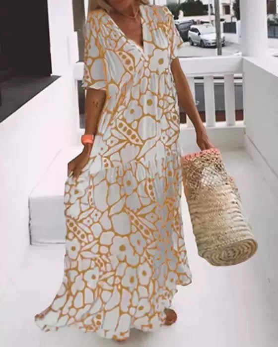 Women's Summer Casual Geometric Print Deep V Maxi Dress