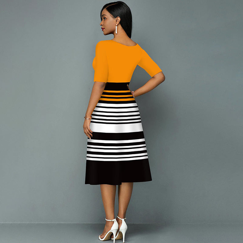 Women's Round Neck Short Sleeves Stripe Color Blocking Summer Swing Dress