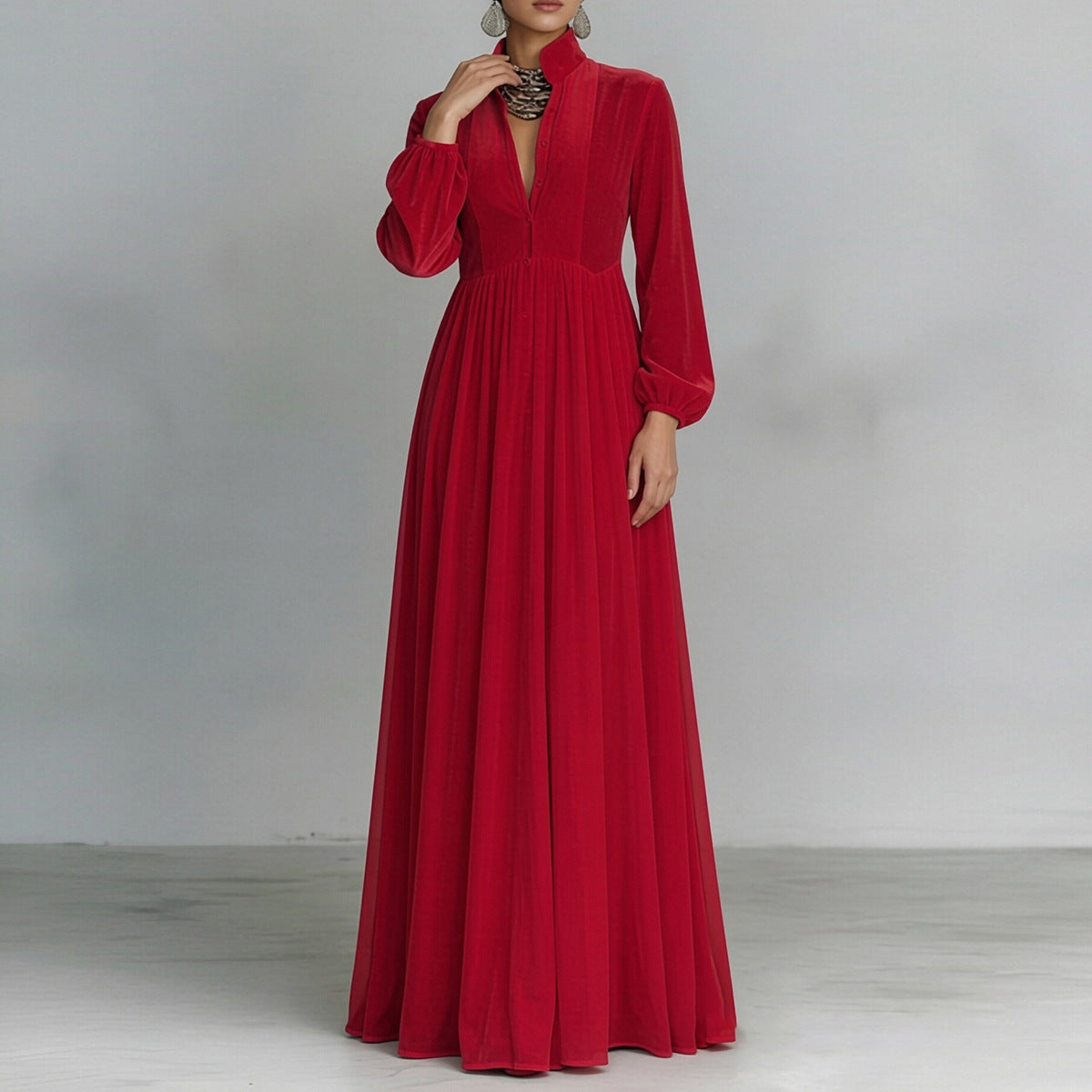 Women's Casual Summer Solid Color Collar Waist Long Sleeve Loose Dress