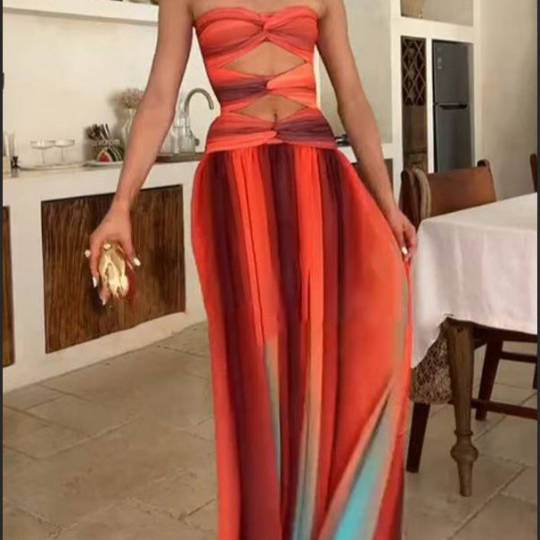 Women's Sexy Vacation Gradient Hollow-Out Tube Top Maxi Dress