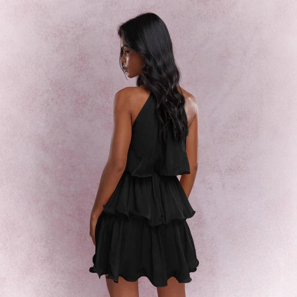 Women's Summer Solid Color Mesh Halter Neck Sleeveless Multi-Layer Ruffled Dress