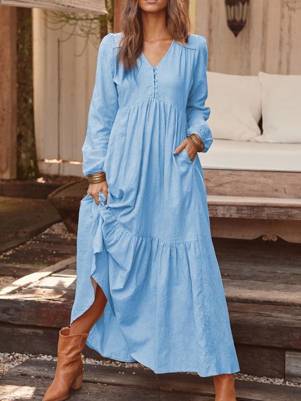 Women's Autumn Winter Cotton Linen Retro Casual Long Sleeve Loose Maxi Dress