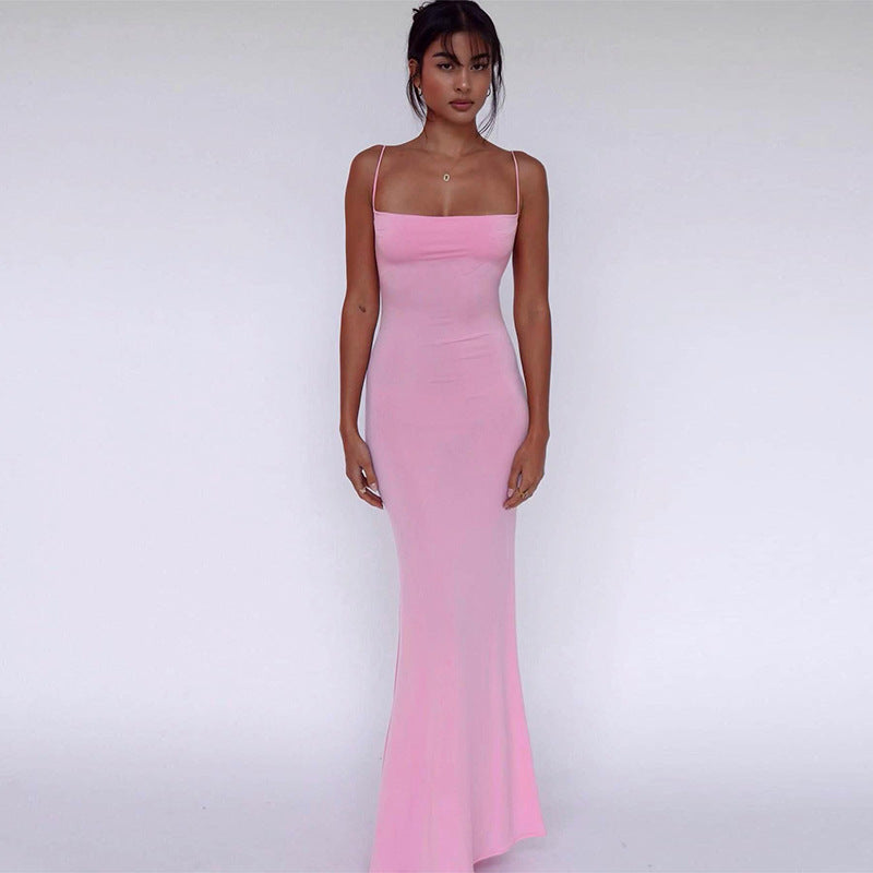 Women's Sexy Simple Solid Color Strap Backless Dress