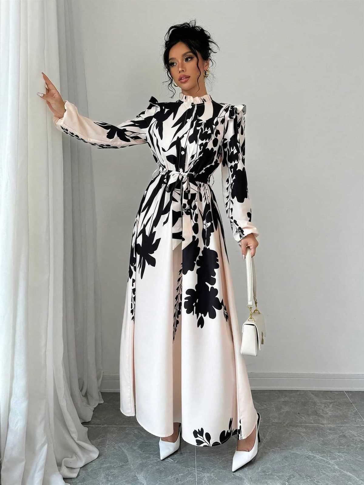Women's Elegant Floral Printed Long Sleeve Lace-Up Front Buckle Dress