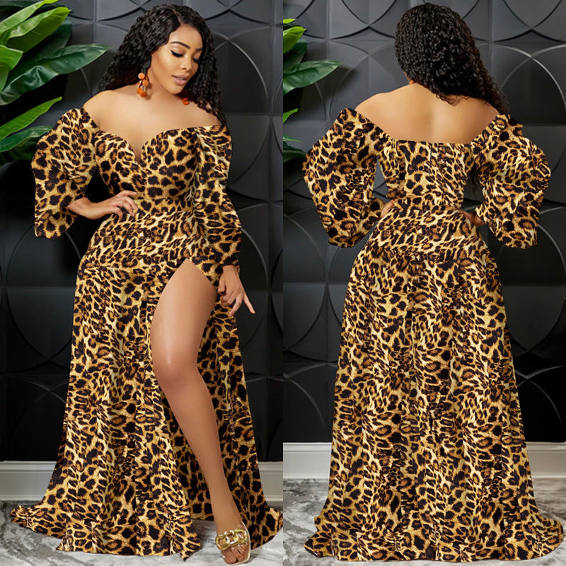 Women's Plus Size Leopard Tiger Printed V-Neck Off Shoulder Irregular Maxi Dress