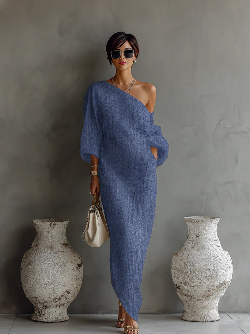 Spring and Summer Casual Women Long Sleeve Slanted Shoulder Maxi Dress